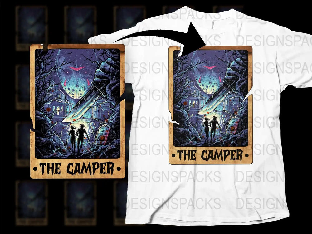 The Camper T-Shirt, Spooky Camping Design, Horror Graphic Tee, Moonlit Night, Unisex Clothing