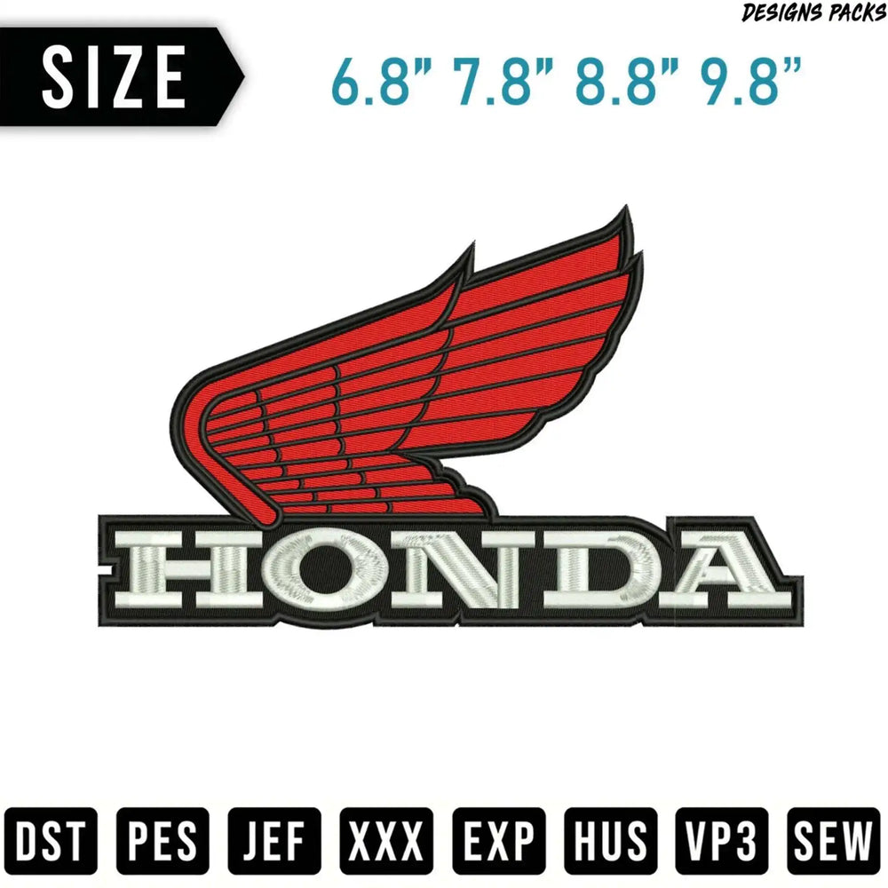Honda logo embroidery design, available in multiple sizes.