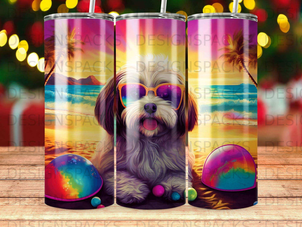 Dog wearing sunglasses on a beach with colorful balls.