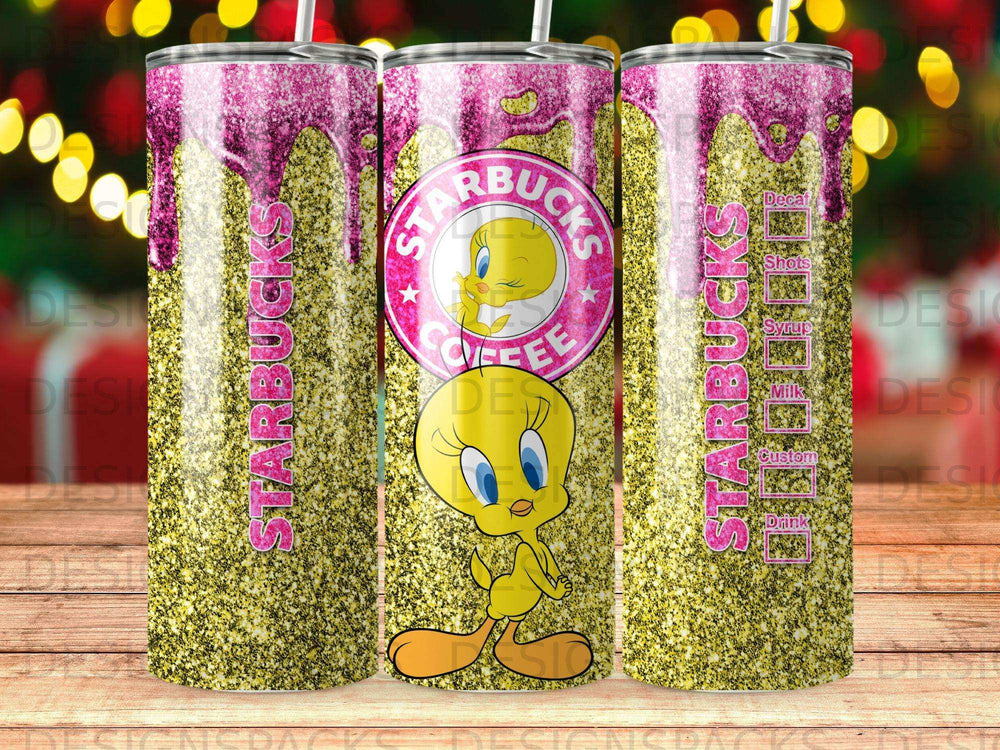 Starbucks tumbler with glitter and Tweety Bird.