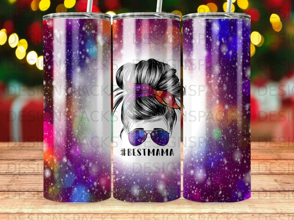 Tumbler with #BESTMAMA text and messy bun, sunglasses, and colorful background.
