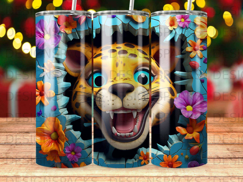 Leopard bursting through a floral-patterned background.