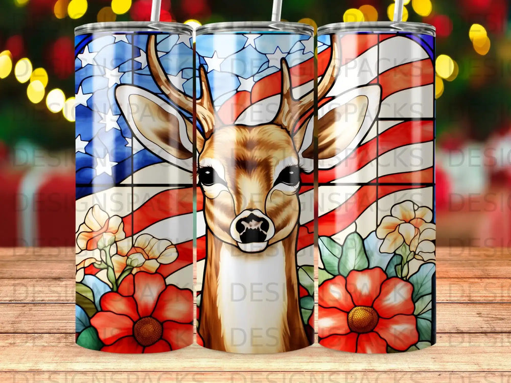 Deer with American flag and floral stained glass design on a tumbler.