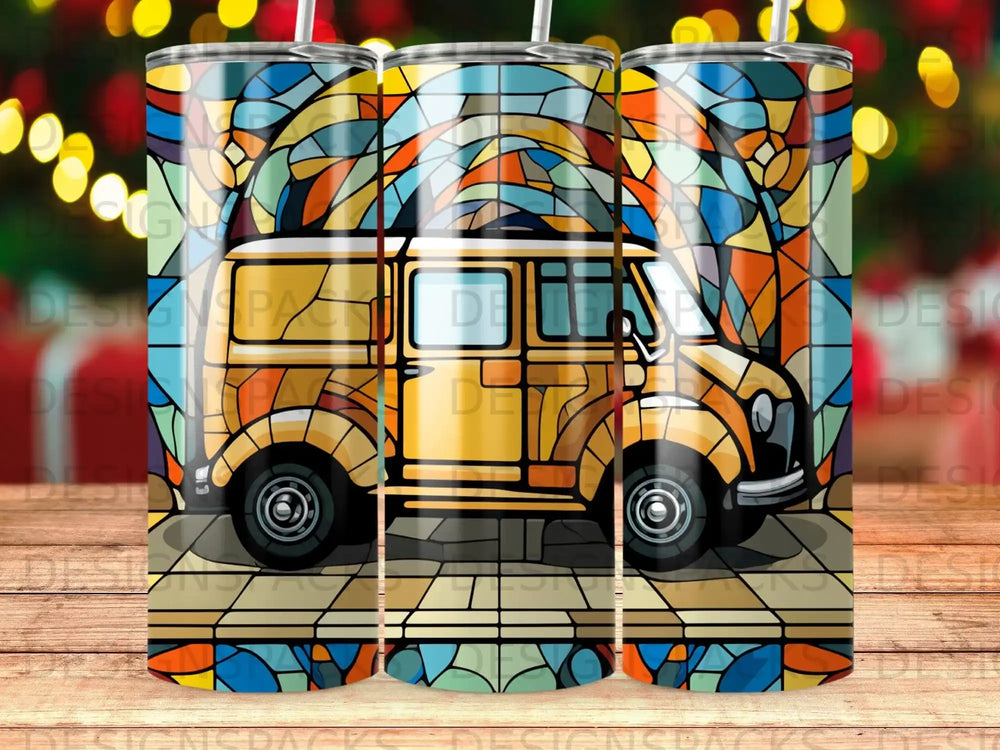 Yellow van against a stained-glass window background.
