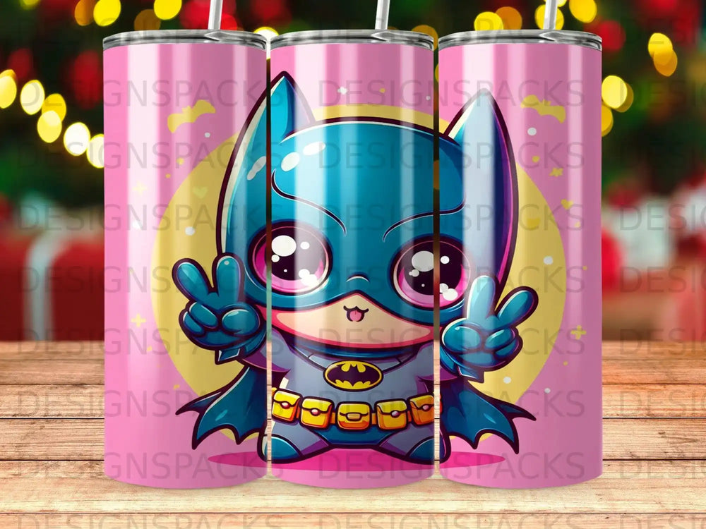 Cute cartoon Batman character with peace signs on pink background.
