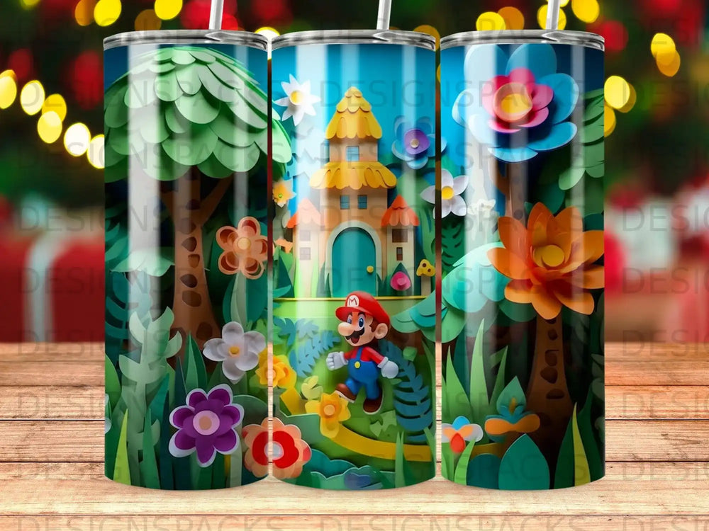 Mario running through a colorful papercraft forest with a castle.