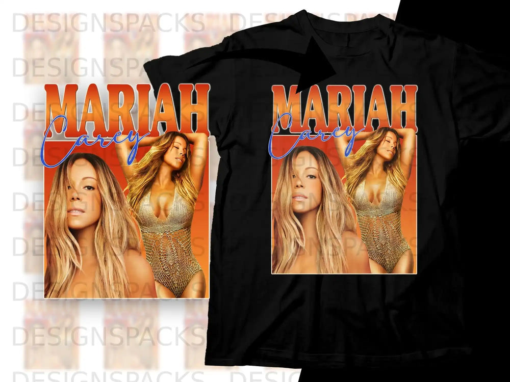 Mariah Carey in sparkling outfit on black t-shirt design.