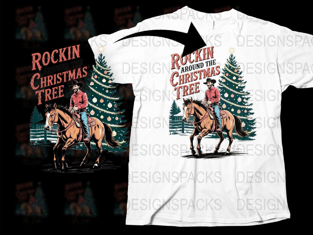 Rockin' Around the Christmas Tree T-Shirt, Horse Riding, Holiday Apparel, Festive Graphic Tee, Men's and Women's Sizes Available