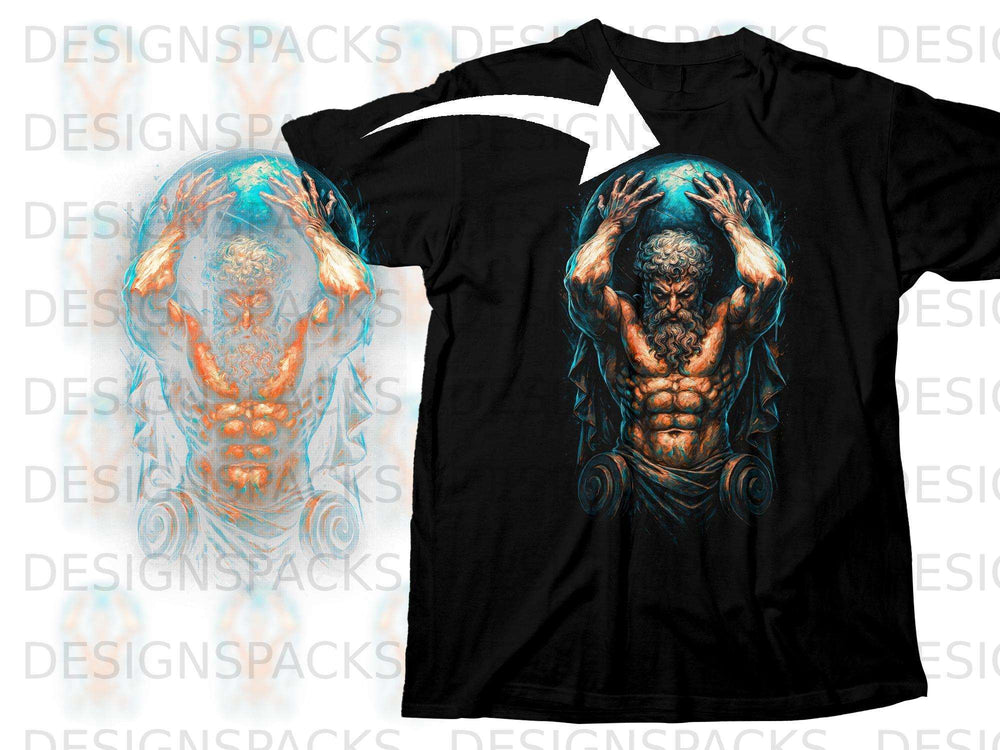 Black t-shirt featuring Atlas holding a blue globe with a white arrow pointing to the design.