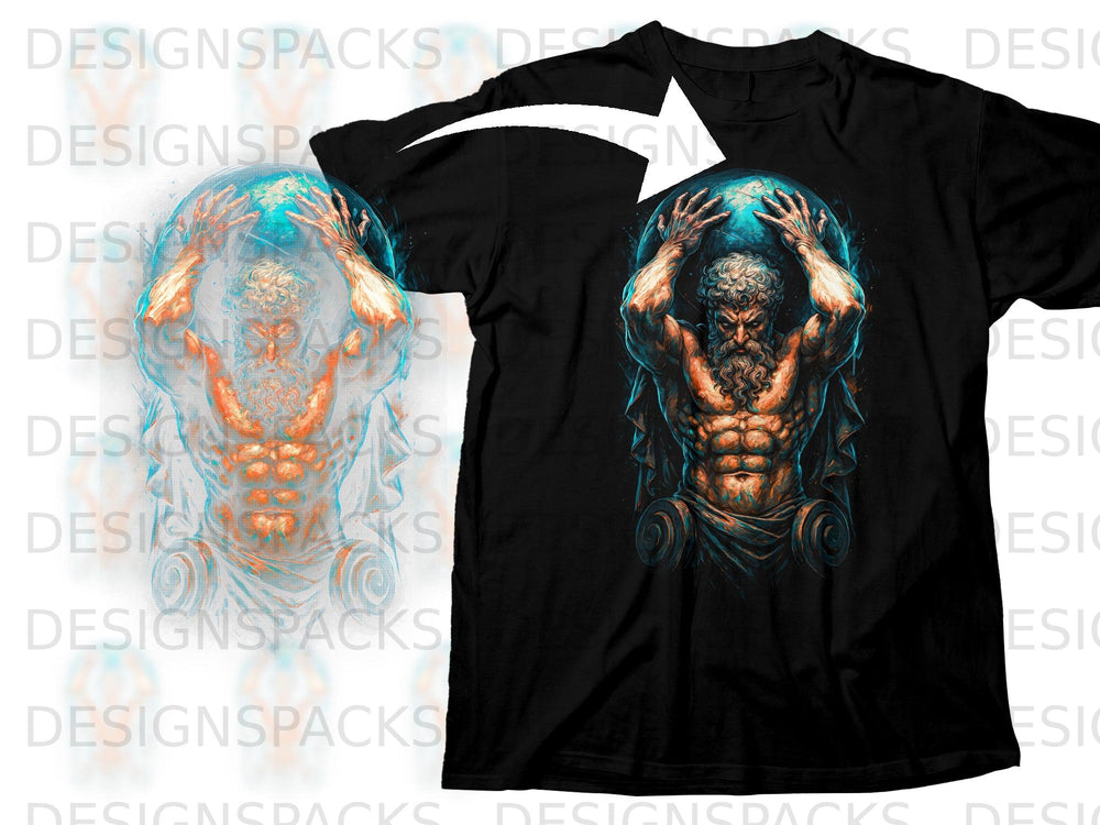 Black t-shirt featuring Atlas holding a blue globe with a white arrow pointing to the design.