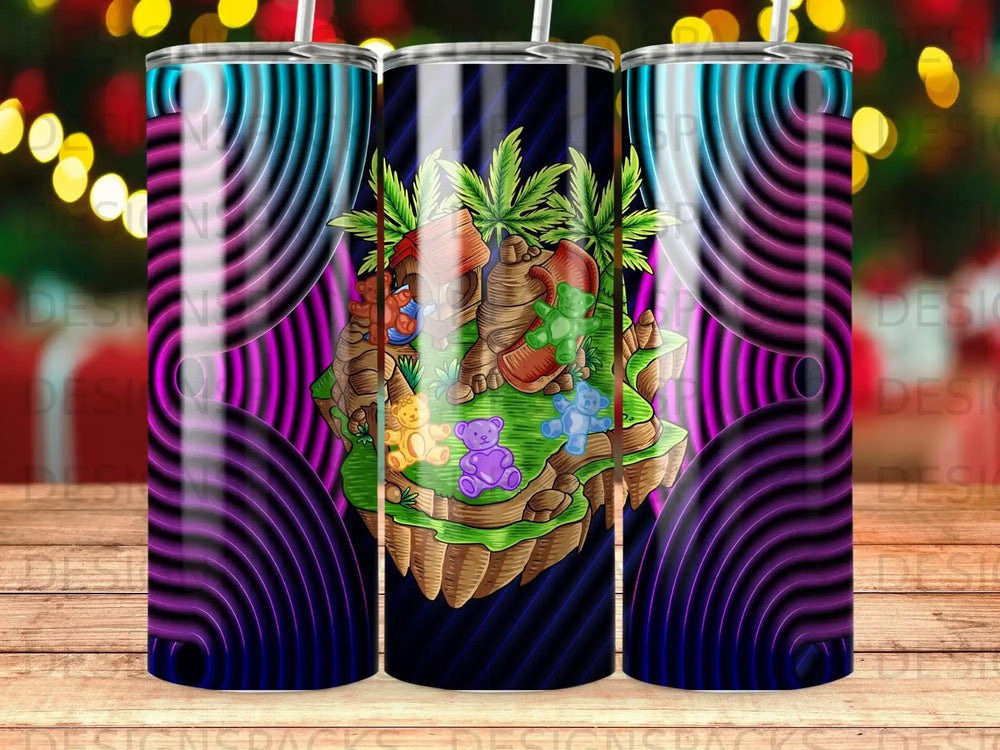Island with palm trees and colorful teddy bears, surrounded by neon rings.