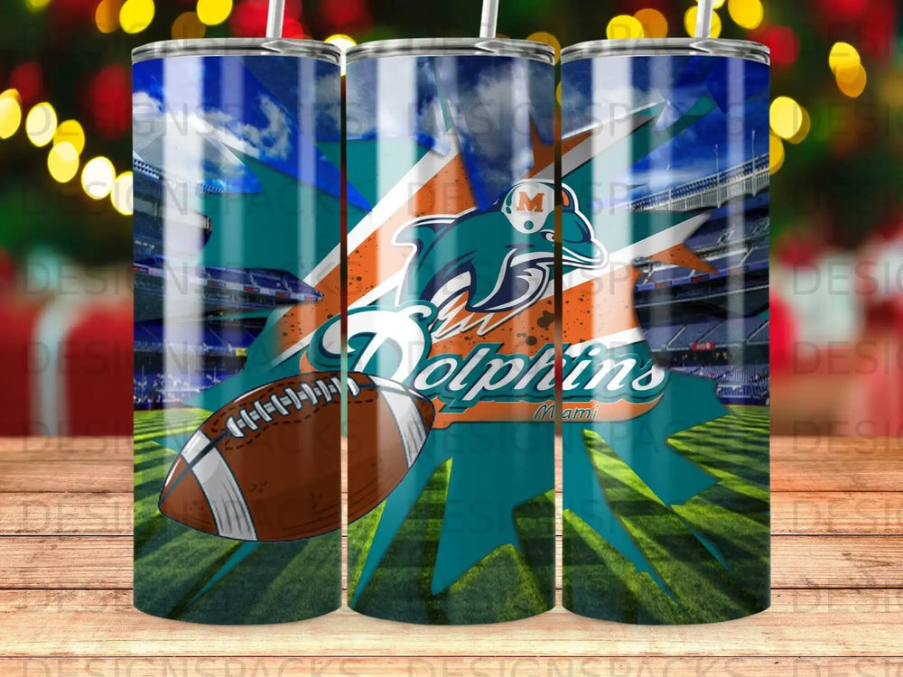 Miami Dolphins football team logo on a tumbler with stadium background.