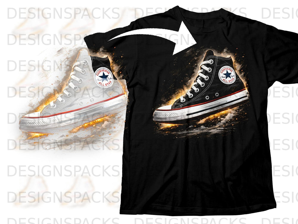 Black t-shirt featuring a graphic of a black Converse Chuck Taylor All Star sneaker with fiery accents.