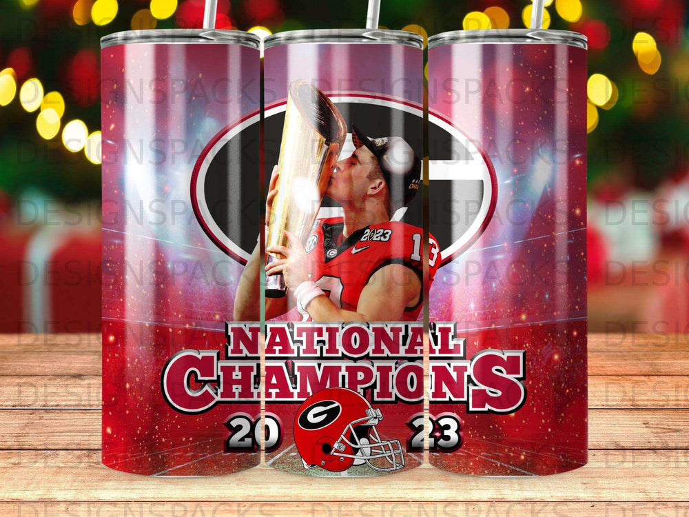 Georgia Bulldogs National Champions 2023 tumbler with red and gold design.