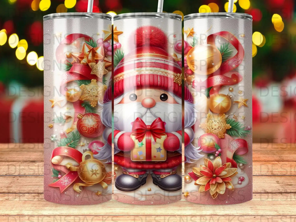 Festive Santa Claus wearing a striped hat and holding a gift, surrounded by ornaments.
