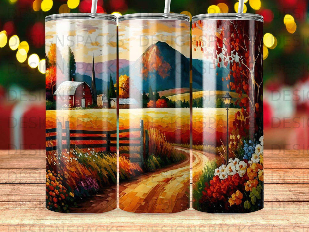 Autumn landscape with barn, trees, and flowers on a tumbler.
