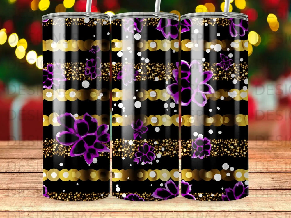 Black tumbler with purple flowers and gold glitter accents.