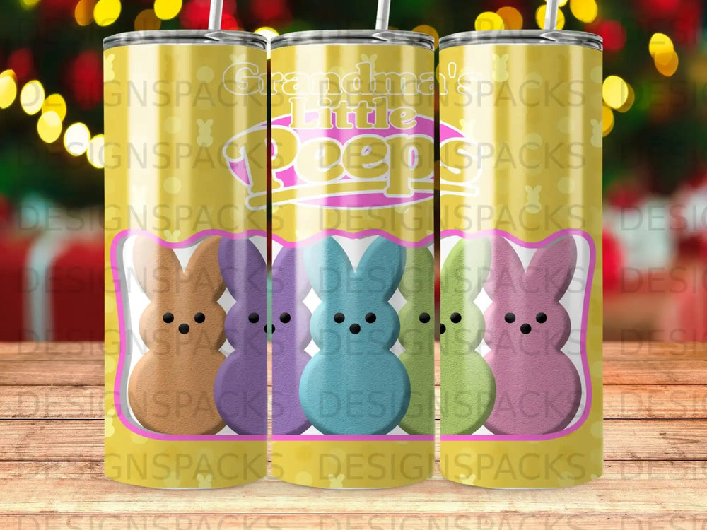 Peeps characters in rainbow colors on a yellow background with "Grandma's Little Peeps" text.