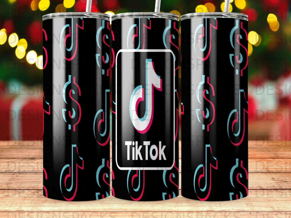 TikTok logo on black tumbler with repeating dollar signs.