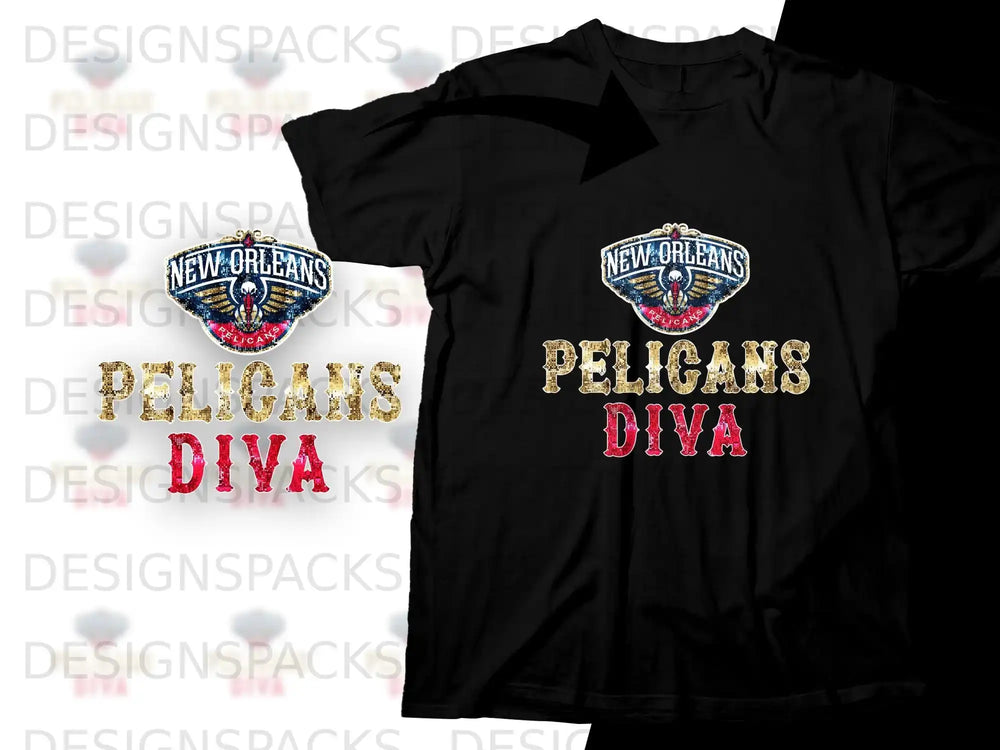 Black t-shirt with "New Orleans Pelicans Diva" in glittery text.
