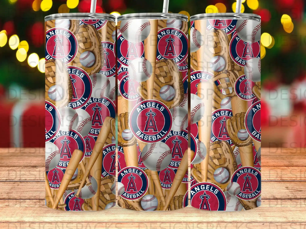 Baseball pattern with Angels logo, bats, and gloves on a tumbler.