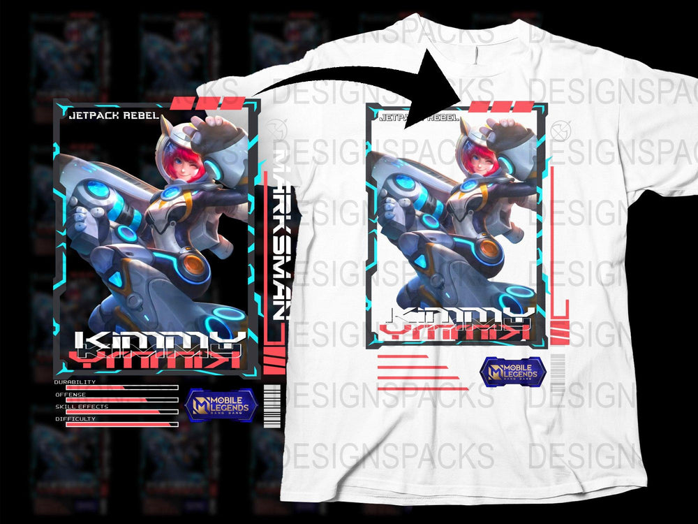 Mobile Legends Jetpack Rebel Kimmy Graphic T-Shirt, Gaming Apparel, Vibrant Character Design Tee