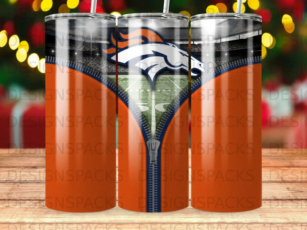 Denver Broncos logo on a stadium background with a zipper design.