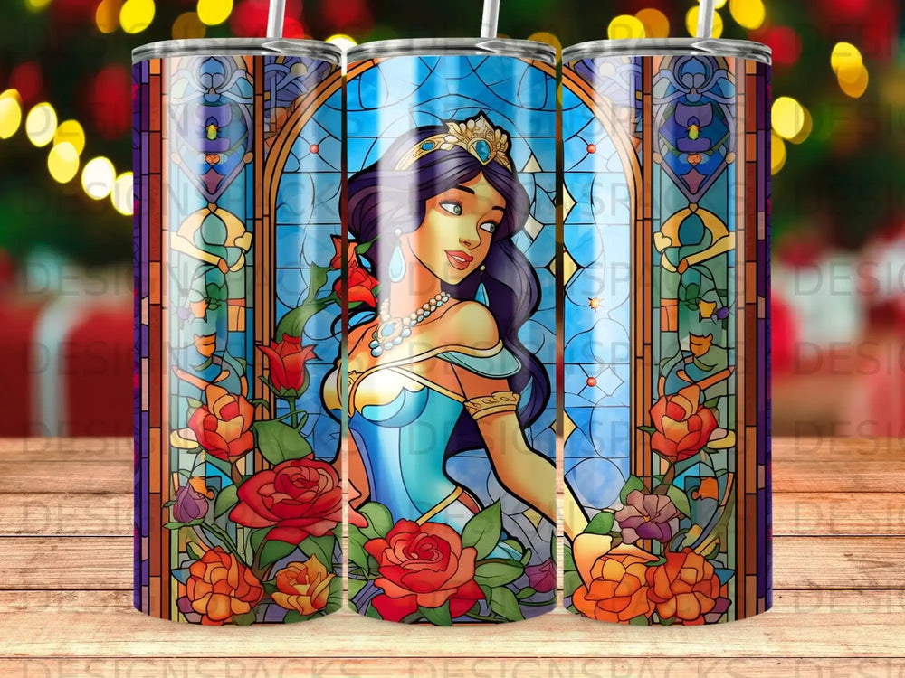 Stained glass design featuring Princess Jasmine surrounded by roses.