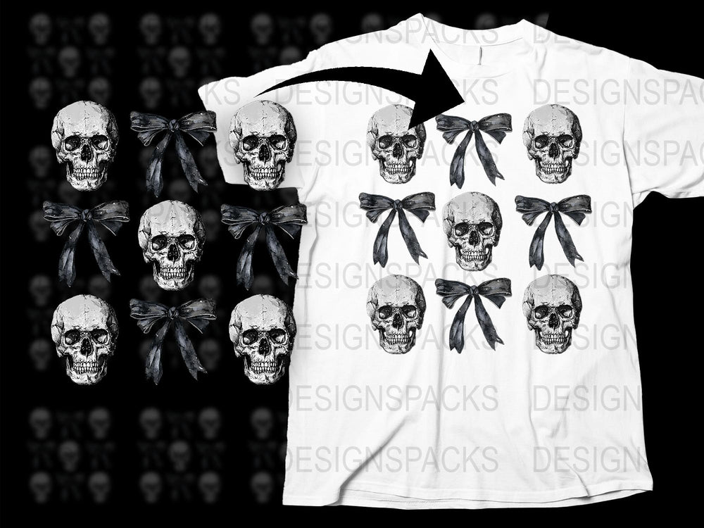 Gothic Skull Print T-Shirt, Vintage Skull and Bow Design, Unisex Casual Tee, Unique Graphic Shirt