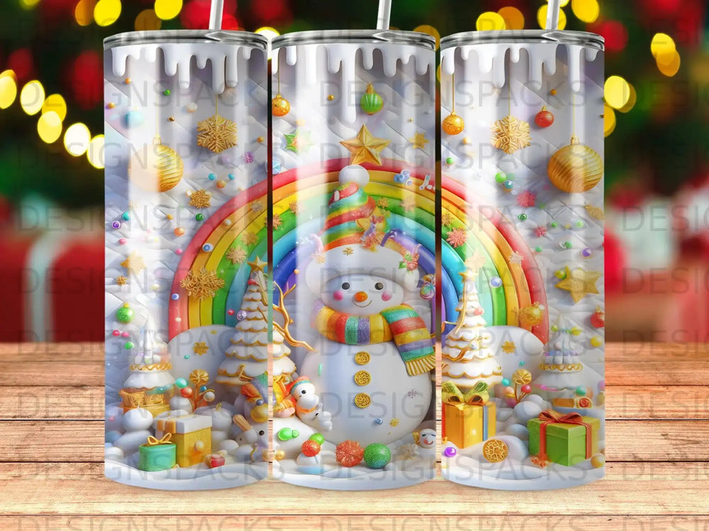 Snowman with rainbow, presents, and ornaments on wooden surface.