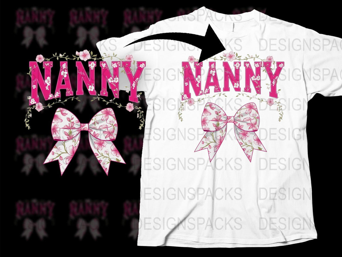 Nanny Graphic T-Shirt with Pink Bow Design, Floral Accents, Custom Text, Trendy Gift for Nannies