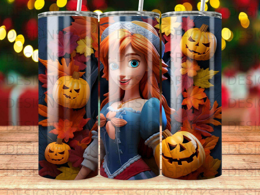 Cartoon girl with red hair and pumpkins, surrounded by fall leaves.