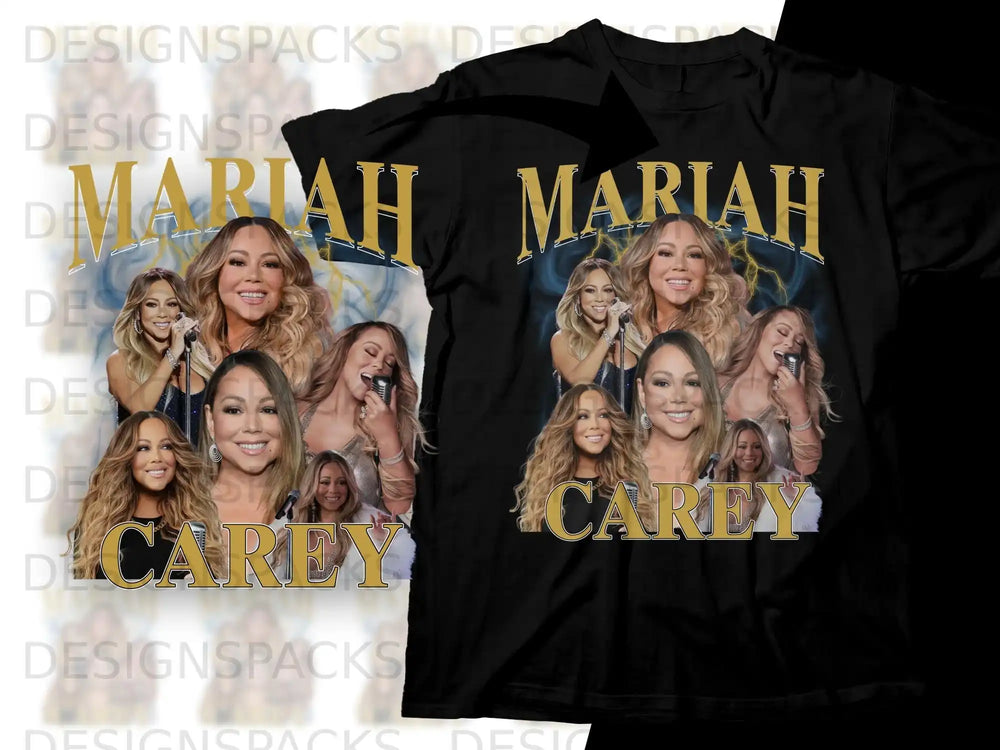 Mariah Carey collage on black t-shirt.