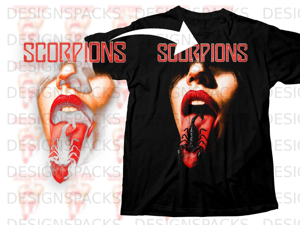 Black t-shirt with "SCORPIONS" text and a graphic of a woman's mouth with a scorpion on her tongue.