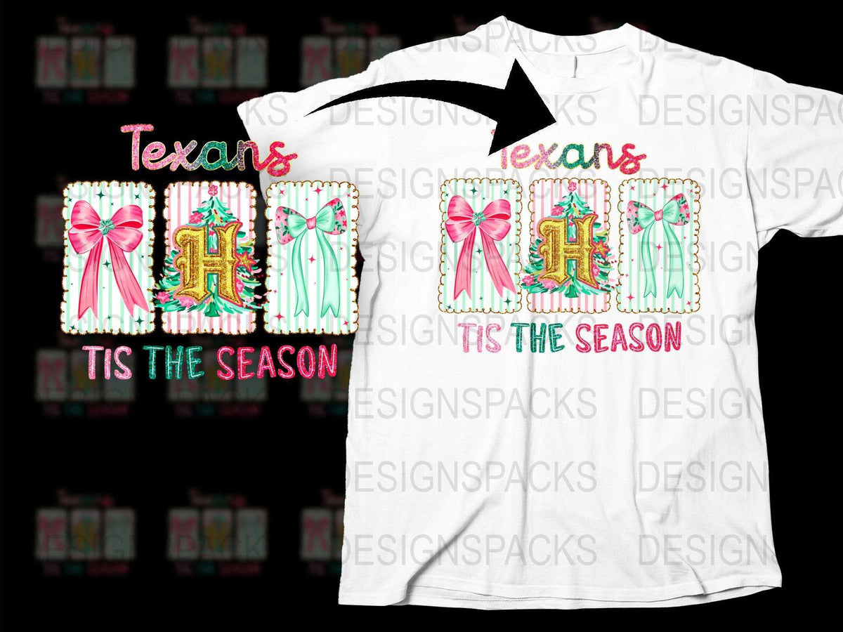 Texans Holiday T-Shirt, Tis the Season Graphic Tee, Festive Christmas Shirt with Bow and Lights Design