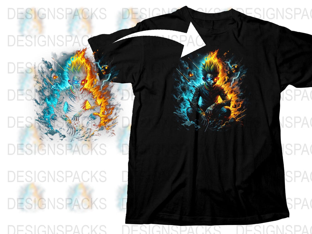 Men's Black T-Shirt with Blue and Orange Fire Elemental Graphic, Unique Fantasy Art Clothing, Gift for Gamers