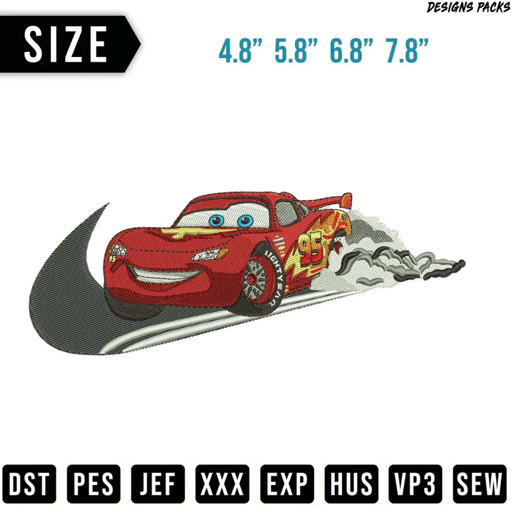 Lightning McQueen with Nike swoosh, in various sizes.