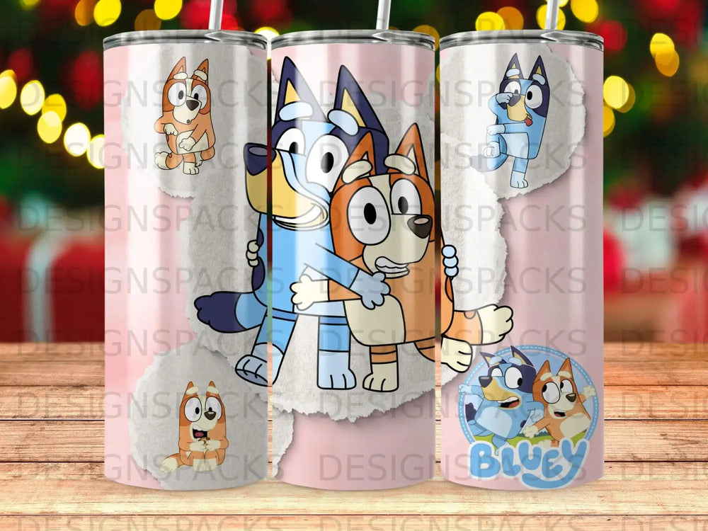 Bluey and Bingo hug on a pink background with "Bluey" text.