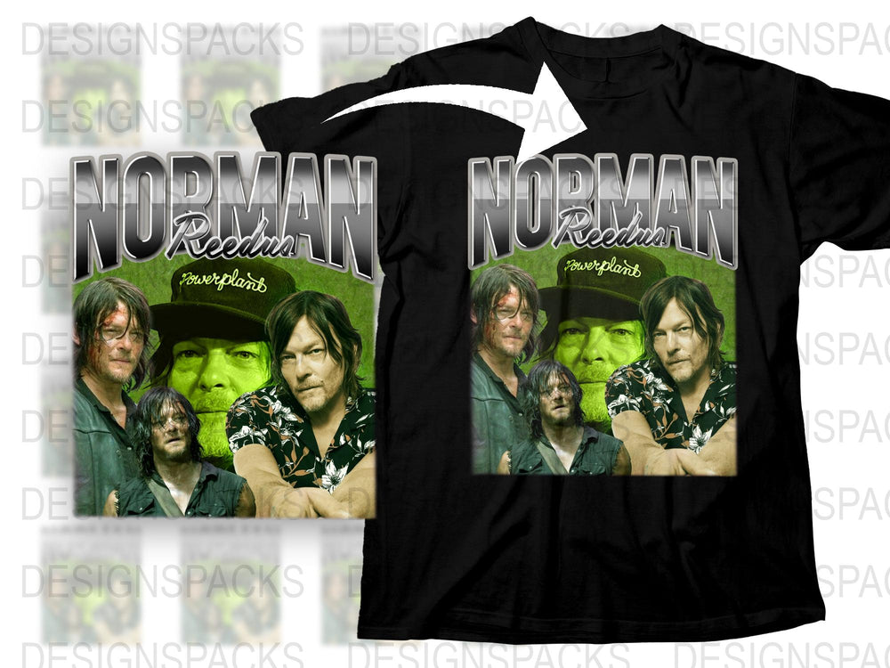 Norman Reedus T-Shirt, Walking Dead Inspired, Fan Art, Multiple Poses, Black Cotton Tee, Graphic Shirt for TV Show Fans