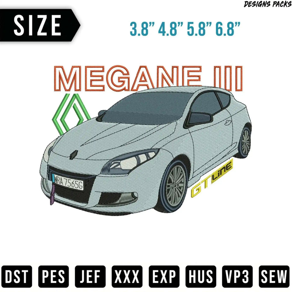 Embroidery design of a gray Renault Megane III GT Line car.