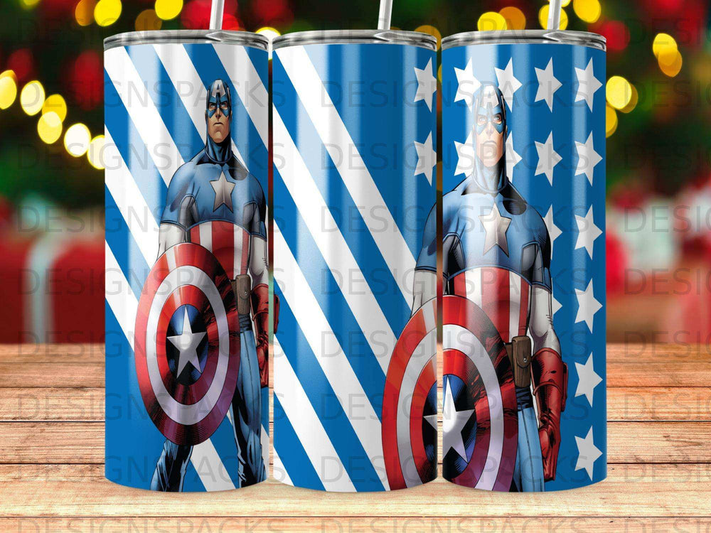 Captain America themed tumbler with stars and stripes pattern.