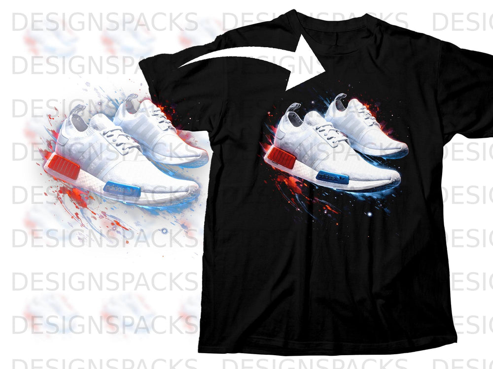 Black t-shirt with a graphic of white Adidas sneakers with red and blue paint splatters.