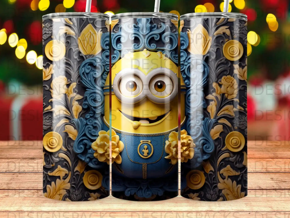 Minion character with ornate gold and blue floral background.