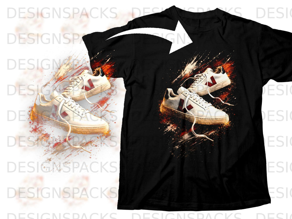 Black t-shirt featuring a graphic of white sneakers with red accents and colorful paint splatters.