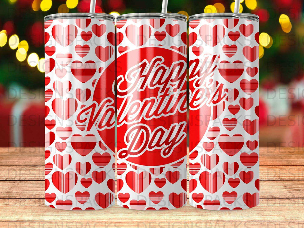 Happy Valentine's Day tumbler with red hearts pattern.