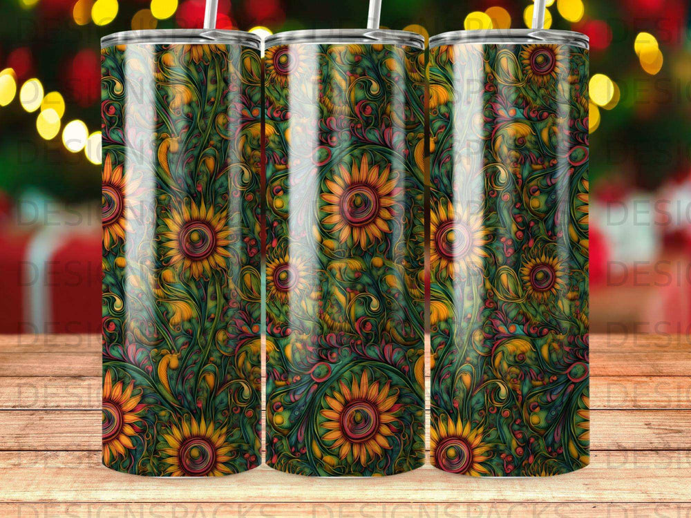 Sunflower pattern on a cylindrical tumbler with a straw.