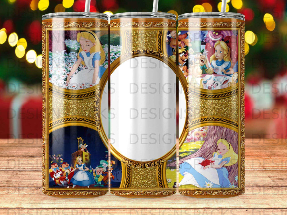 Alice in Wonderland collage on a tumbler with golden frames.