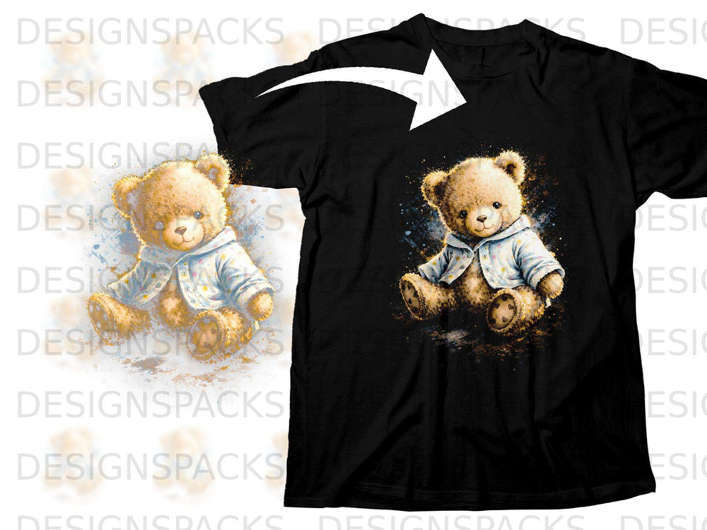 Black t-shirt featuring a watercolor teddy bear graphic with playful paint splatters.