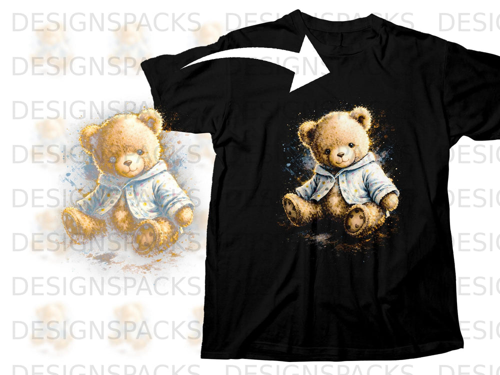 Black t-shirt featuring a watercolor teddy bear graphic with playful paint splatters.