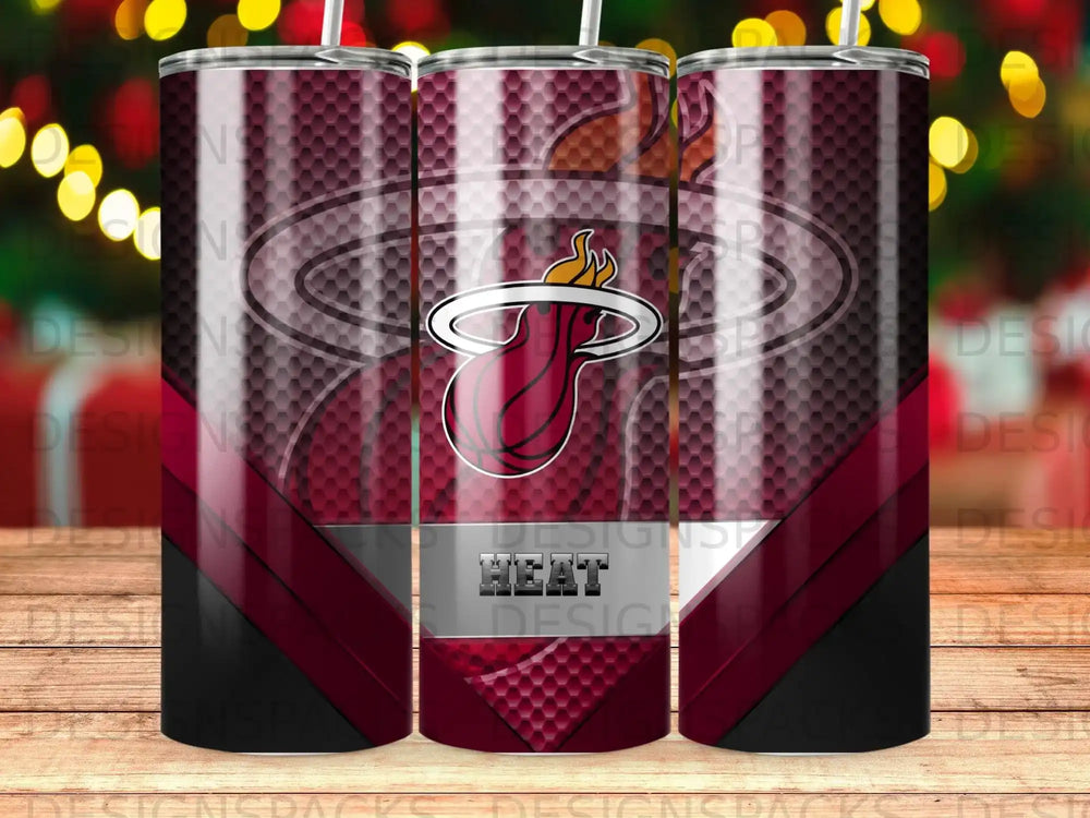 Miami Heat logo on a maroon and black patterned tumbler.